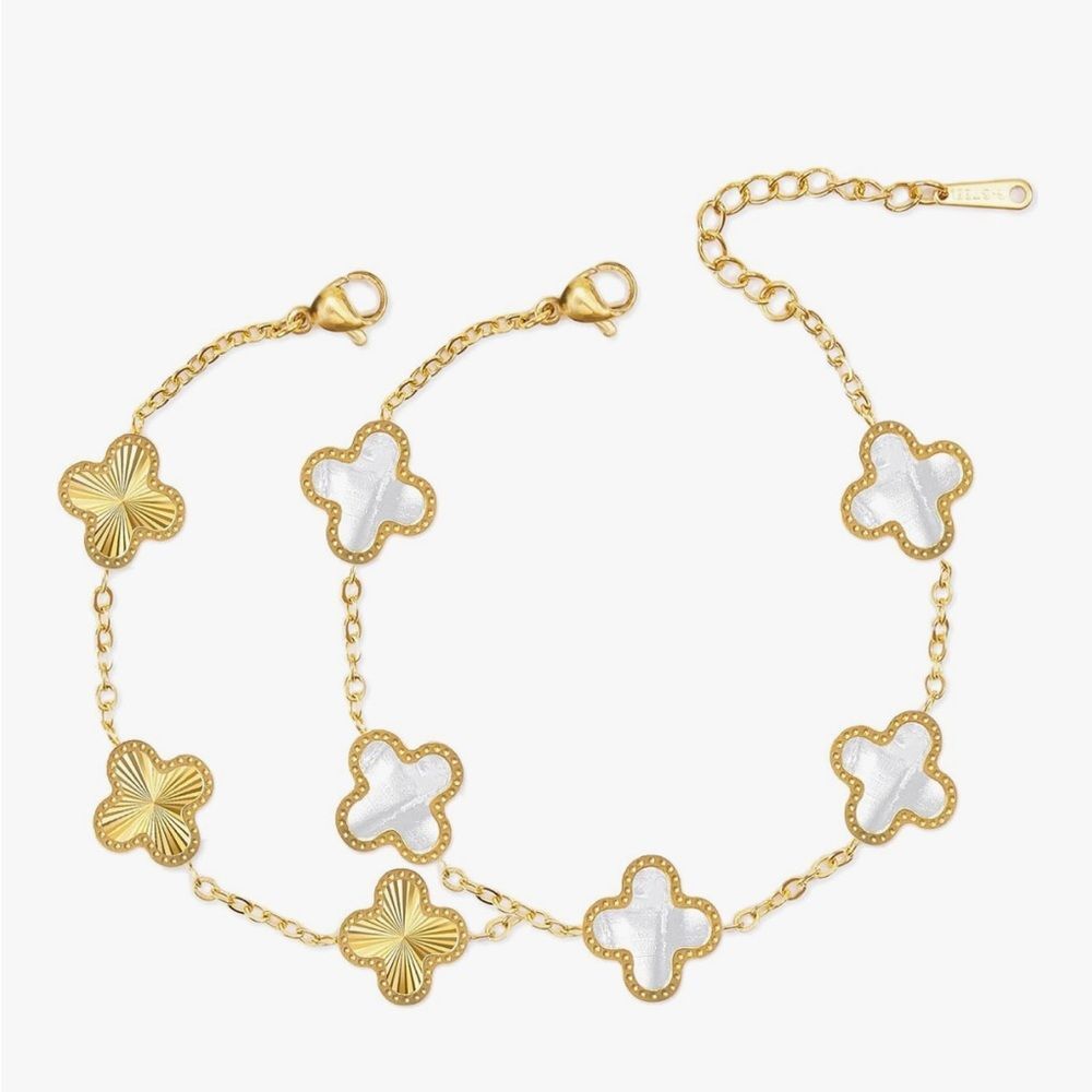 18K Gold Lucky Clover Bracelet Set White Enamel Dainty Van Cleef Style Charm